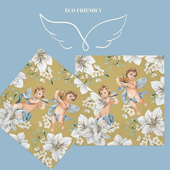 20-ct 13x13 Christmas Paper Decoupage Napkins, 3-Ply Servilletas Tissue Napkin for Dinner and Parties, Disposable Napkins (Angel Flower)