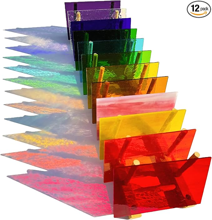 ILLUCKAI 12 Sheets Rainbow Transparent Stained Glass Sheet, 4 x 6 inch Cathedral Art Glass Supplies for Stained Glass Projects and Mosaic Making Crafts