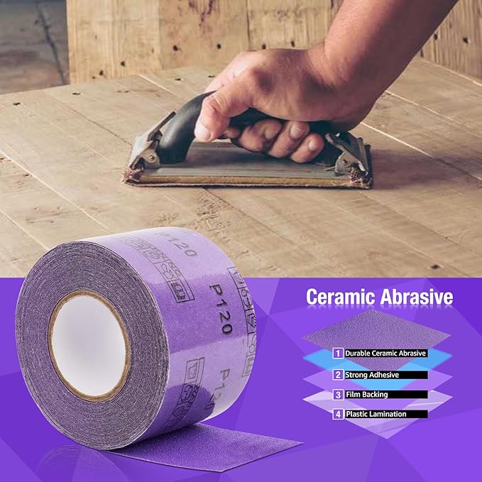 100 Grit PSA Purple Film Ceramic Sandpaper Roll, 2-3/4" Wide Continuous 10 Yard Longboard Sanding Roll Wet Dry Sanding Blocks Self Adhesive Sticky Back Sanding Sheets for Woodworking Automotive