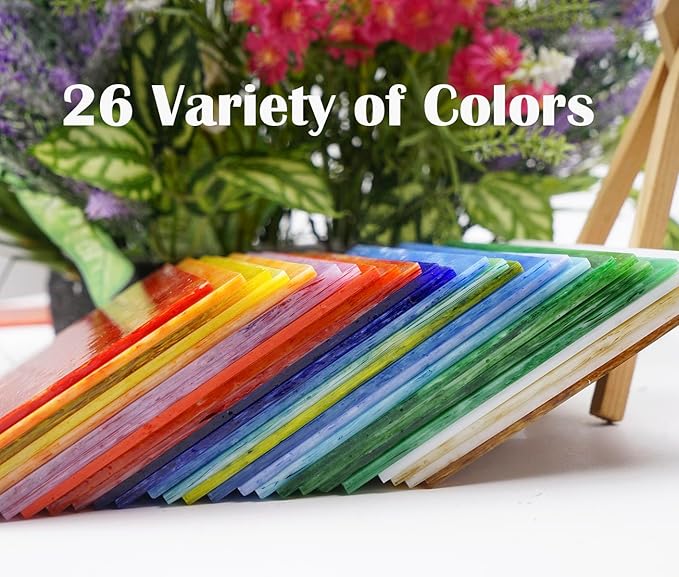 Lanyani 26 Sheets Colorful Vibrant Stained Glass Sheets Variety Assortment Pack, Opaque Mosaic Art Glass Panel Packs for Stain Glass Crafts DIY Projects,4x6 inches
