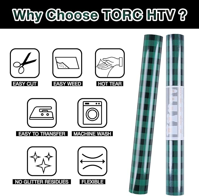 TORC Green Black Buffalo Plaid HTV Vinyl 12 inch x 5 ft, Check Heat Transfer Vinyl Iron on Transfers
