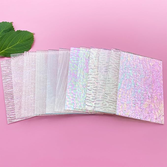 ILLUCKAI 12 Sheets Clear Textured Stained Glass Sheet, 4 x 6 inch Rainbow Iridescent Cathedral Art Glass Variety Textures, Stained Glass Supplies for Stained Glass Projects and Mosaic Crafts