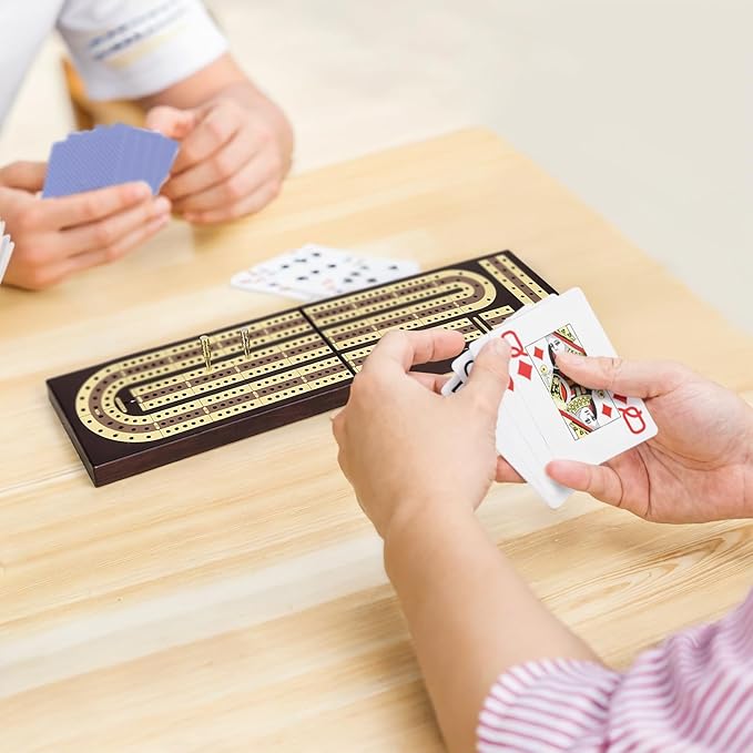 Foldable Wooden Cribbage Board Set - Elegant 3-Track Design with Magnetic Closure, 9 Metal Pegs, Full Deck of Cards, Perfect for Family Game Nights and Travel
