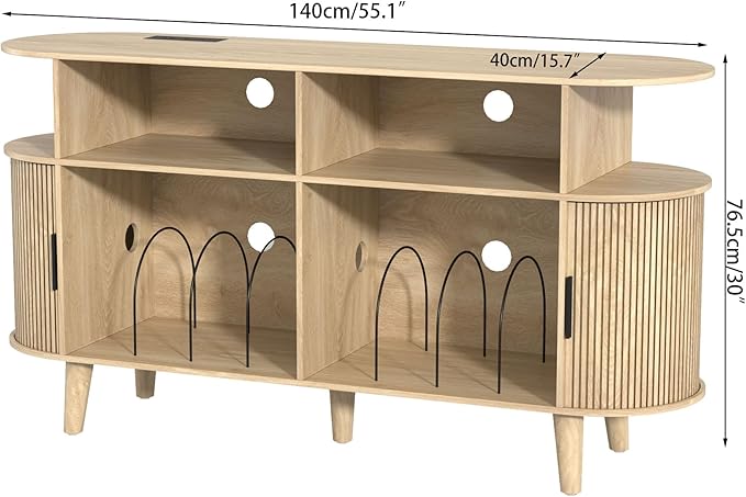 Large Round Record Player Stand with Charging Station & USB Ports，Record Storage Cabinet, Mid Century Modern Turntable Stand for Bedroom Living Room (Oak)