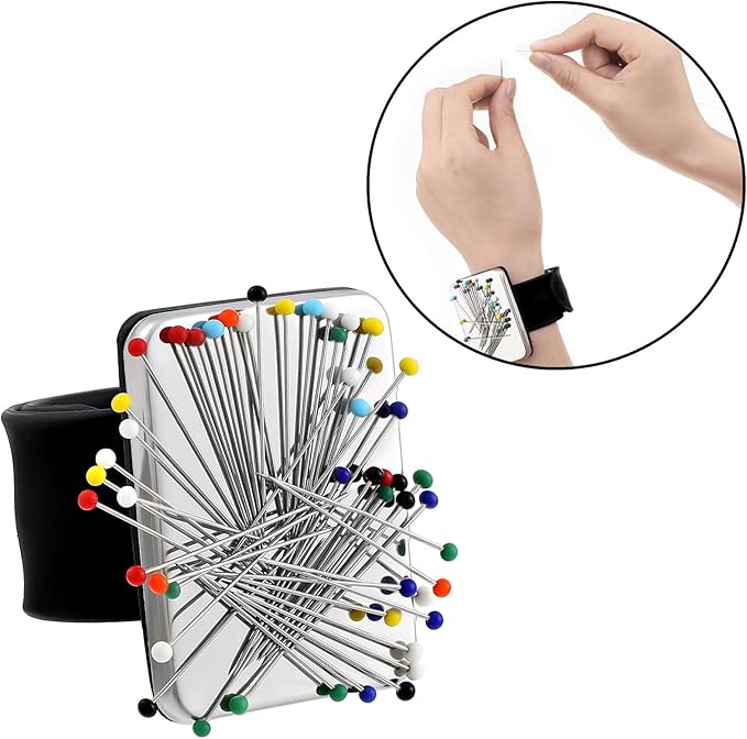 Magnetic Wrist Sewing Pincushion with 100 Pieces 1.5 Inch Ball Head Sewing Pins Set Wrist Magnetic Pin Holder Gift Supplies(Black)