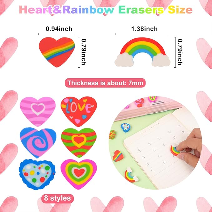 48pcs Large Erasers for Kids Bulk Heart Rainbow Pencil Erasers for Classroom Prizes Exchange International Children's Book Festival Party Favors Back to School Supplies