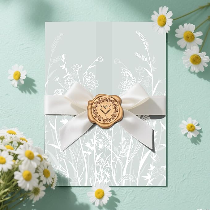 SWANGSA 50 Sets Wedding Invitations Wraps, Vellum Jackets for 5x7 Invitations & Self Adhesive Antique Gold Heart Wax Seal Stickers for Wedding Bridal Baby Shower Birthday Envelopes (White Wildflower)