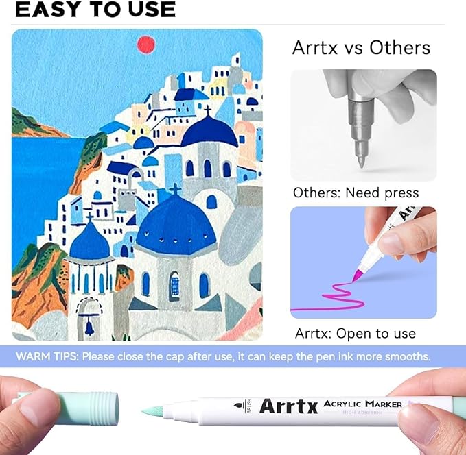 Arrtx 60 Colors Acrylic Paint Pens, Markers Paint Pens, Brush Tip for Rock Painting, Wood, Canvas, Stone, Ceramic, DIY Crafts Making Art Supplies-with Neon & Metallic & Regular Color-60A