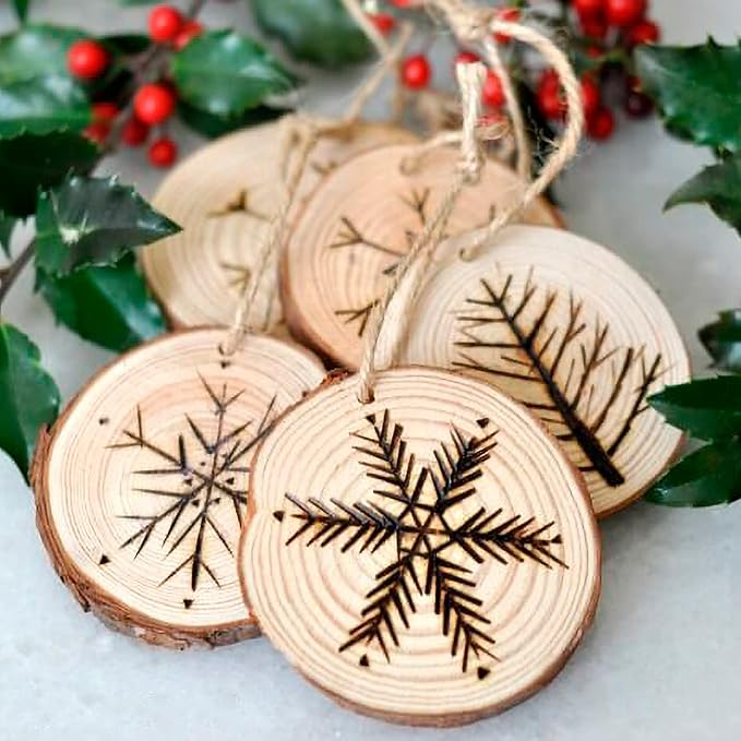 JEUIHAU 12 PCS 5.5-5.9 Inches Natural Wood Slices with Holes, Unfinished Predrilled Wooden Circles Tree Bark Slice, Blank Wooden Log Circles for DIY Crafts, Arts Wood Slices, Christmas Ornaments