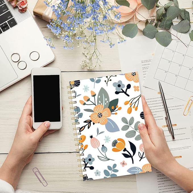 A5 Blank Notebook - 70 Sheets/140 Pages Blank Paper Notebook, 100 GSM Thick White Paper, 5.8" x 8.3" Spiral Blank Journal, Flowers