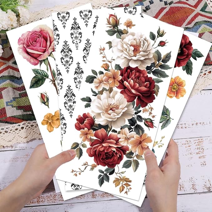 GLOBLELAND 4 Sheets Vintage Peony Flowers Transfer 11.8x5.9inch Flower Background Rub on Transfer Rose Self-Adhesive Wall Art Decals for Bedroom Living Room Desk Table Decoration