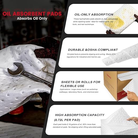 Oil Absorbent Pads | 16"x20" Oil-Only Spill Mat 100-Pack | Industrial Spill Control for Oil & Fuel(24 Gal/Box) | Repels Water Absorbing Sheets