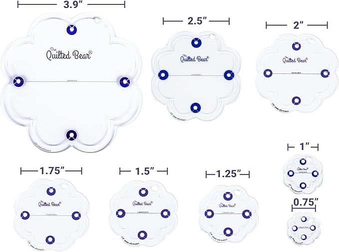 The Quilted Bear Flower Quilting Templates – 8 Clear Non-Slip Acrylic Quilt Templates for Precise Fabric Cutting & Stress-Free Machine Quilting - Ideal for Quilt & Sewing Supplies (¾–3")