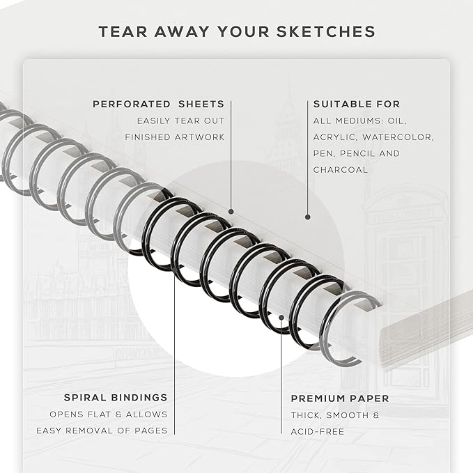 BEECHMORE BOOKS Mixed Media Spiral Sketchbook A4 9×12 – 300 GSM Heavyweight Paper, 50 Perforated Sheets, Bleedproof Art Pad for Watercolor, Acrylic, Oil, Gouache, Markers