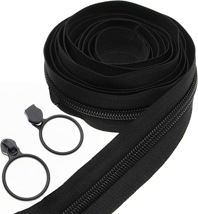 Leekayer #5 Black Nylon Coil Zippers by The Yards Bulk 10 Yards with 25pcs Black Ring Pull Sliders for DIY Tailor Sewing Craft,Luggage,Dress,Sofa Cushion,Pillow,Bag