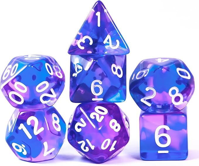 7-Die DND Dice Set Polyhedral Dice Set with a Leather Dice Bag, D&D Dice Set for Dungeons and Dragons, RPG Table Games (T/Purple Blue)