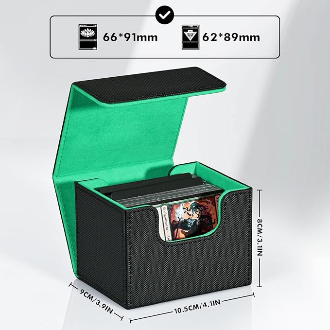 ZLCA Card Deck Box for Trading Cards, MTG Commander Deck Box Holds 120+ Single Sleeved, Leather Magnetic Card Storage Case Fits for TCG CCG Magic(Black& Dark Green)