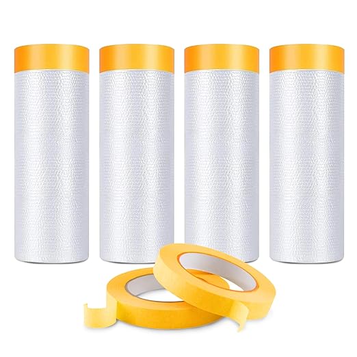 Pre-Taped Masking Film for Painting 59inx65ft Plastic Painters Sheeting Tape and Drape Painters Paper Rolls for Automotive Painting Covering (4 Rolls+2 Tapes)