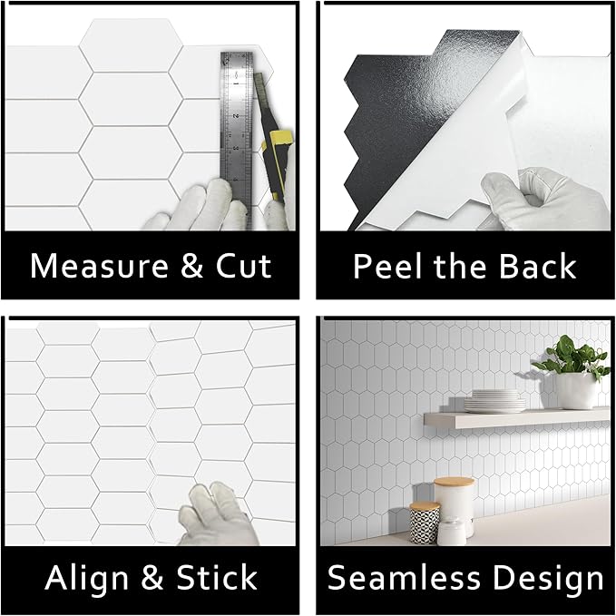 The Tiles Plaza 10-Sheet Peel and Stick Backsplash, White Long Hexagon Self Adhesive Wall Tile, Stone Composite Stick On Decorative Mosaic Tile for Kitchen Bathroom Fireplace