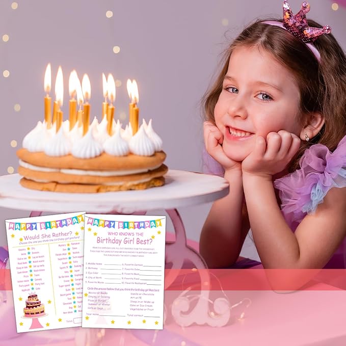 Birthday Party Games Set for Girls- 20 Birthday Double Sided Games Cards Set- Girls Birthday Party Activity Notebook Themed Party Activity and Idea - Girl Birthday Supplies, Activity, Decorations
