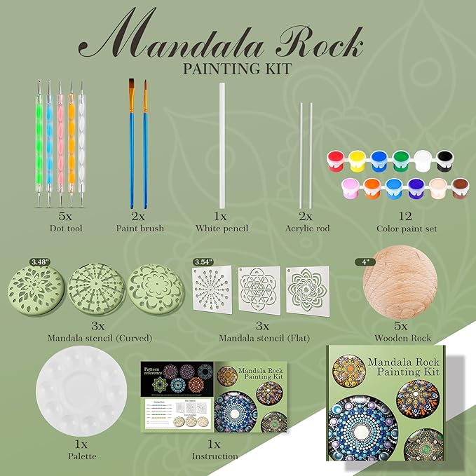 Mandala Rock Painting Kit - Mandala Dotting Tools Kit - 5 Large Wooden Rocks for Painting with Stencil Supplies, Dotting Tools for Paint Rocks - Dot Art and Crafts for Adults
