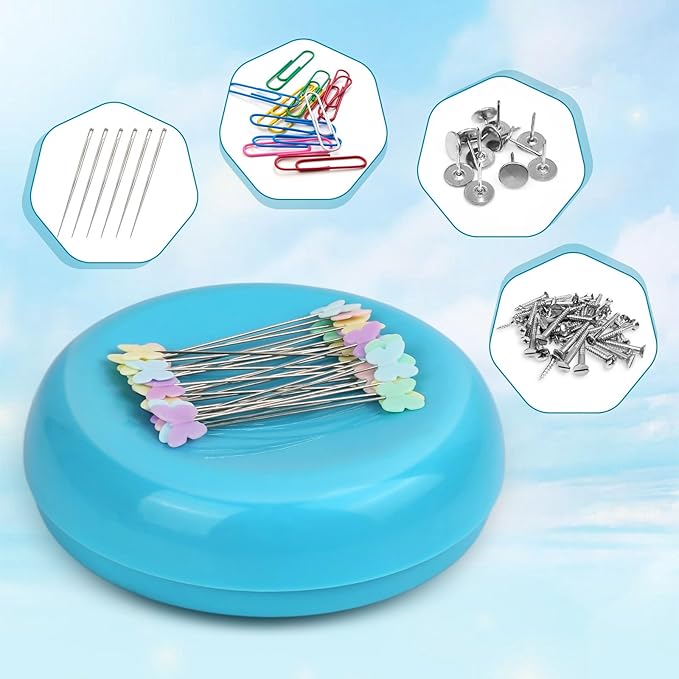 Oukitoymer Magnetic Pin Cushion with 100pcs Butterfly Head Straight Pins, Bobby Pin Holder for Sewing, Magnet Needle Cushion, Paper Clip Collector, Secure Pin Storager, Sewing & Quilting Accessories