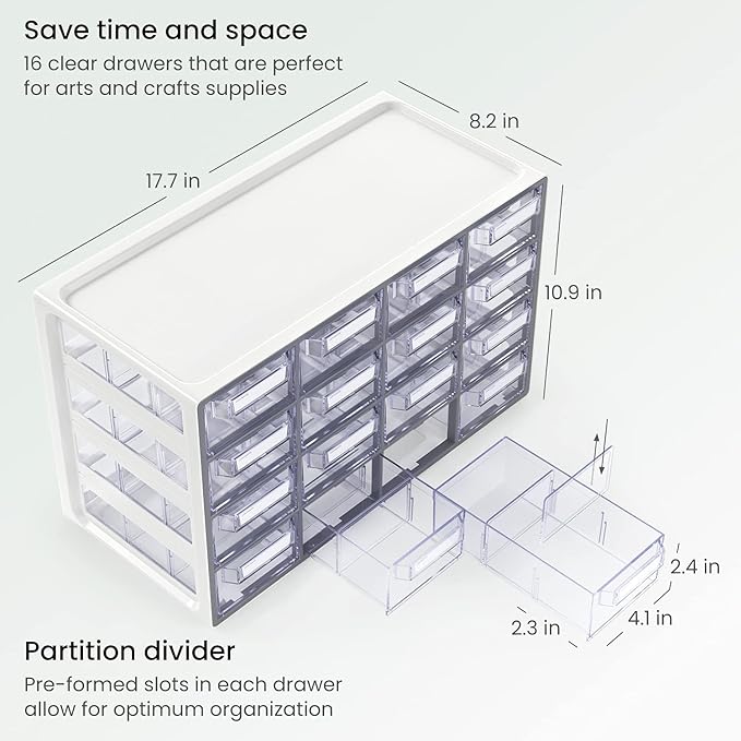 ARTEZA 16 Drawer Storage Cabinet, 17.7 x 8.2 x 10.9 inches, White, Plastic Drawers? with Stoppers, ?Multi Compartment Organizer for Makeup and Art Supplies