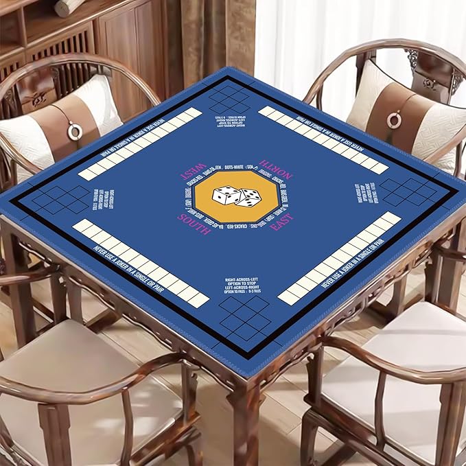 Mahjong Mat for Table 33''x33'', Non-Slip Mahjong Cloth Cover with Game Rules, Mahjong Tablecloth for Poker, Board Games Table Mat, Card Games, Tile Games, Dominoes (Blue)