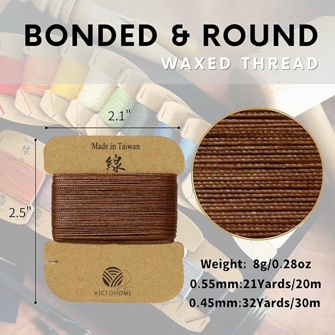 3-Ply Round Waxed Thread, 12 Colors, 252 Yards - Hand Sewing, All Leather Projects/Upholstery Thread, Macrame/Bracelet (0.55 mm, 21yd/Each)