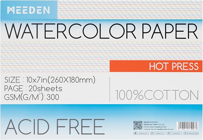 MEEDEN Watercolor Paper Block, 100% Cotton Watercolor Paper Pad of 20 Sheets, 140lb/300gsm, Acid-Free Art Paper for Watercolor, Gouache, Ink and More, 10" x 7" Hot Press