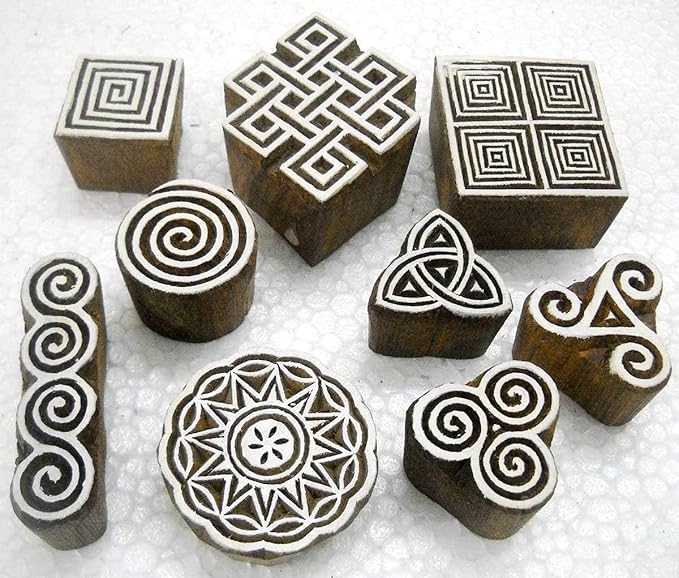CRAFTSOFINDIA I Set of 9 I Premium Hand-Carved Wooden Block Stamps for Textile, Paper, Clay, Tattoo - Enhanced Print Impressions