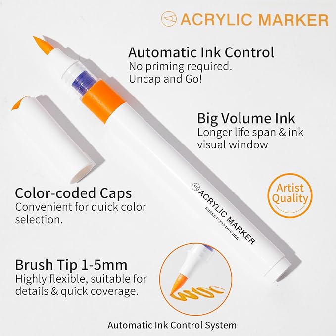 9 Color Acrylic Paint Markers, Water-Based Acrylic Markers for Artists Adults Coloring Drawing Cartoon Anime Comic - Brush Tip for Rock Painting, Wood, Canvas, Fabric (Ice Cream Bear Series)