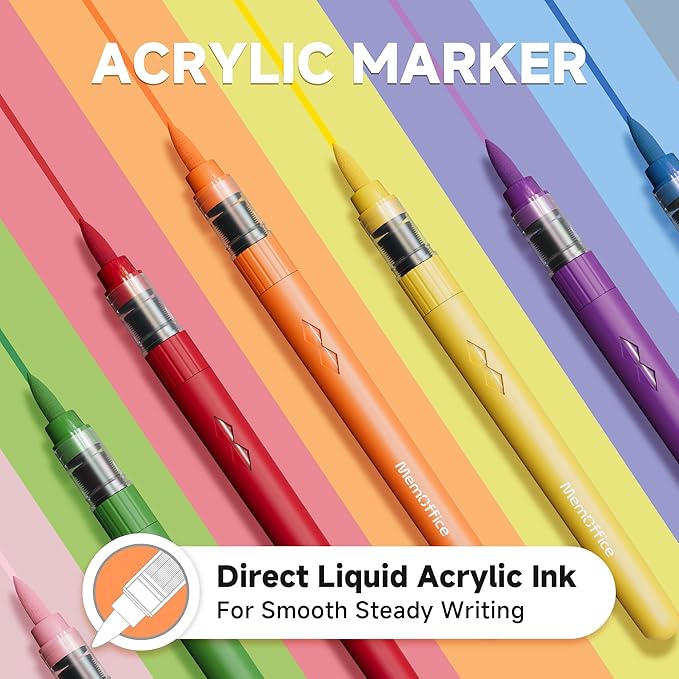 MemOffice Direct Liquid Acrylic Paint Markers, 60 Colors Brush Tip Pens with Carrying Case, No Bleed, Waterproof, for Rock, Wood, Canvas, Glass, Fabric, DIY Crafts for Adults & Kids