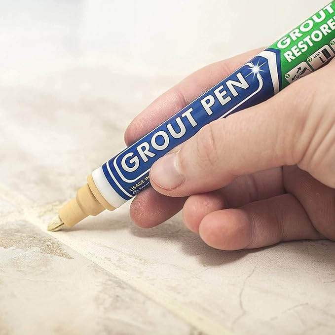Grout Pen Cream Tile Paint Marker: Waterproof Grout Paint Pen, Tile Grout Colorant and Sealer Pen for Bathroom, Shower, Kitchen, More - Cream, Narrow 5mm Tip (7mL)