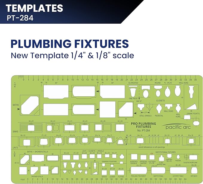 Pacific Arc, Plumbing Fixtures Template, 1/4 & 1/8 Scale. Drawing aid Stencil for Professional or School Work. Size 3.5 x 6 inch.