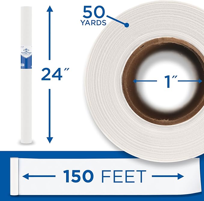 ALVIN 55W-J Lightweight Tracing Paper Roll, White, Suitable with Ink, Charcoal, Felt Tip Pen, for Sketching or Detailing - 24 Inches, 50 Yards, 1-inch Core