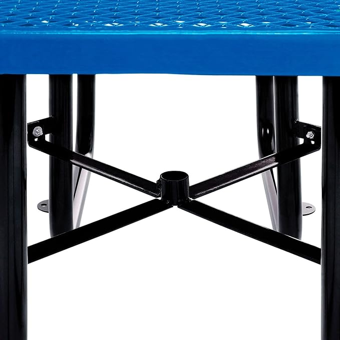 Global Industrial 46" Square Picnic Table, Expanded Metal, Blue Thermoplastic Coating, Attached Benches, 1-1/2” Umbrella Pole Hole, Outdoor-Rated, 1000 lb Capacity