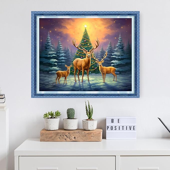 Dooxvey Cross Stitch Kit for Adults Beginners - Stamped Needlepoint Embroidery Pattern - Elk Christmas Tree 16x20 Inch - 11CT Full Range