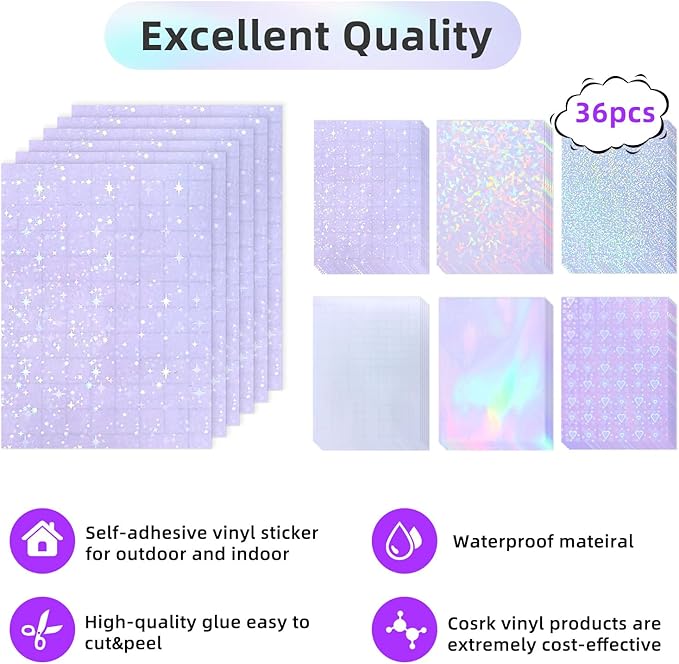 36 Sheets Holographic Laminate Sheets Transparent Holographic Sticker Paper Self Adhesive Laminating Sheets Clear Vinyl Waterproof Overlay for Sticker Pape, 8.5x11 inch 6 Patterns