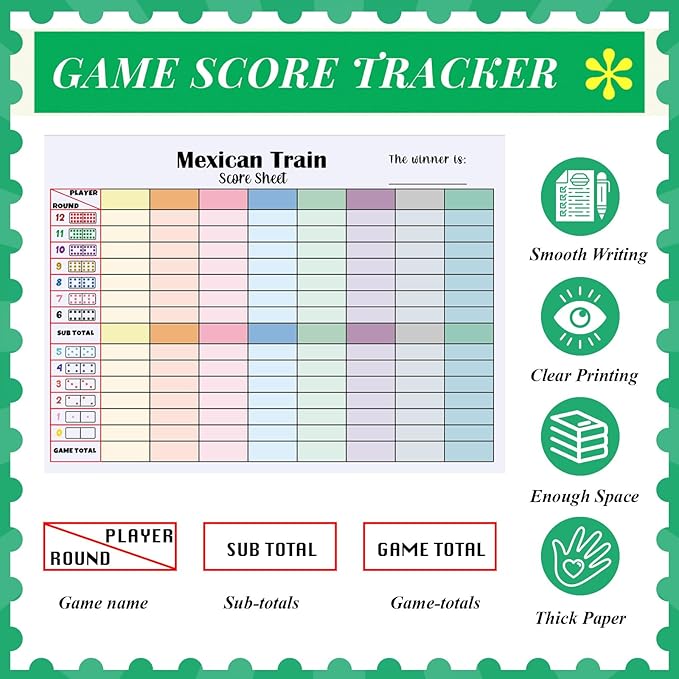1 Pack 60 Sheets Mexican Train Score Pads Colorful Chicken Foot Dominoes Game Scorepad Adult Mexican Train Score Sheet Scoreboard Paper Record Clearly for Family Game (6.7 x 5 Inches)