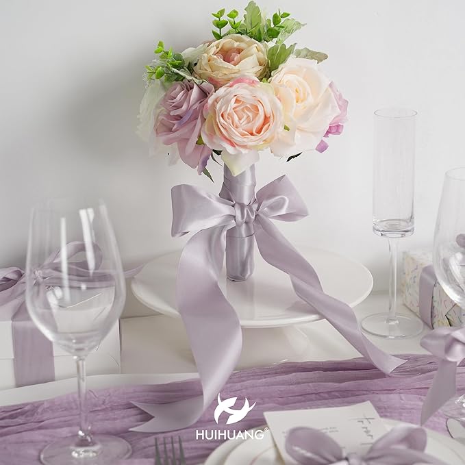 HUIHUANG Dusty Purple Ribbon 2 inch Wide Double-Faced Pastel Lilac Satin Silk Ribbon for Flower Bouquet Wrap, Gift Wrapping,Wedding Decor, Home Decor, Crafts and Bows Making- 25 Yards/Roll