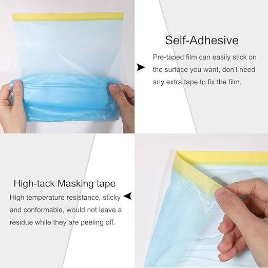 uxcell Pre-Taped Masking Film, 1.8ft x 82ft Plastic Paint Drop Cloth with Medium-Tack Painters Tape for Painting Spraying Protection Blue Film 3Pcs