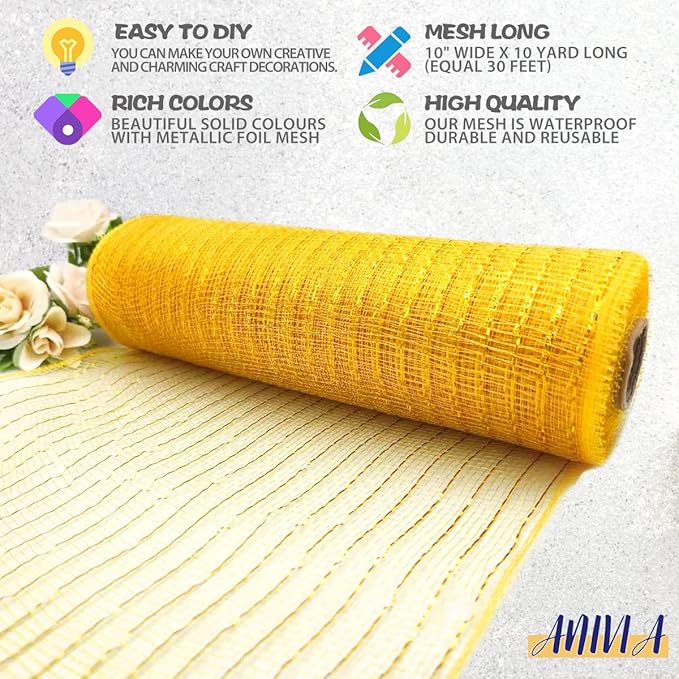 Anivia Deco Mesh Ribbon, 10inch x 30 Feet Each Roll Metallic Foil Mesh Ribbon for Wreaths Swags, Holloween, and Christmas Tree Decoration (Gold/Gold Foil)