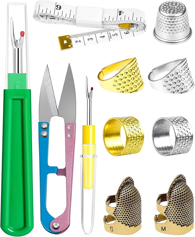 FIVEIZERO Thimble Kit– Sewing Thimbles for Hand Sewing, Metal Finger Protectors, Thimble Ring for Quilting and Embroidery, Includes Seam Ripper, Measuring Tape and Thread Snips