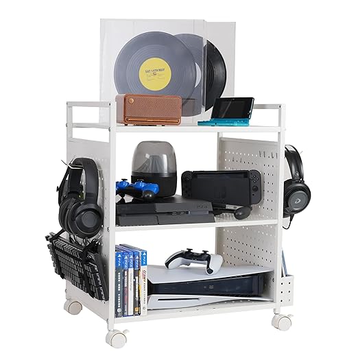 PLKOW Video Game Storage Rack, Game Storage Organizer for Consoles, Controllers, Headphones PS5 PS4 Xbox Switch Nintendo Accessories, Rolling PS5 Console Stand, Perfect Holiday Present, White