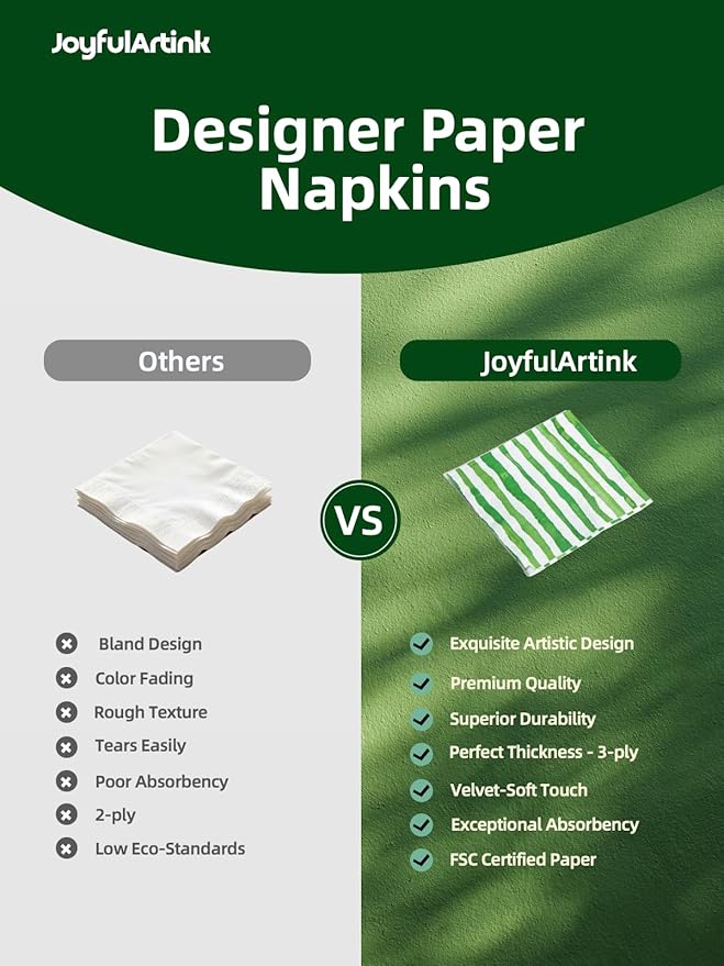80 Pack Designer Cocktail Beverage Napkins, 3-Ply 5x5-inches Disposable Decorative Fall Winter Green and White Stripe Watercolor Napkin for Wedding Birthday Anniversary Party Baby Shower