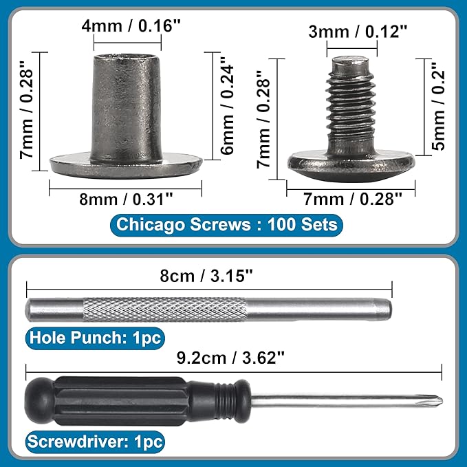 YORANYO 150 Sets 8MM Chicago Screws Leather Rivets for Fabric Chicago Binding Screws Buttons Metal Studs Rivets for Decorate and Repair Belts Bags Shoes Purse Dog Collar Leather Craft (Gun-Metal)