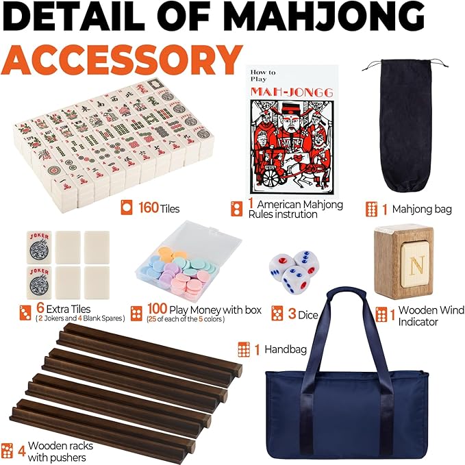 MUTEX American Mahjong Game Set, 166 Premium Mahjong Tile Set with Traveler Size Stylish Blue Carrying Bag, Western Mahjong Set with 4-Piece Walnut Wood Mahjong Racks/Pushers, Mahjong Ma Jong Set