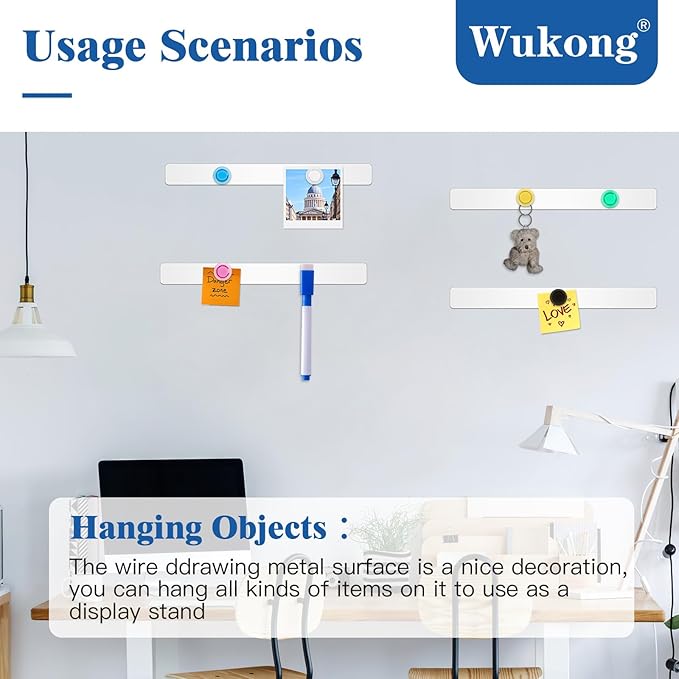 Wukong 8 Pack | 30x3cm(11.81 x 1.18) Magnetic Stainless White Boards Strips, Adhesive Backing Bulletin Bar Board, Memo Board with 32Pcs Colorful Magnets for Office, Home, Photo Wall, Documents
