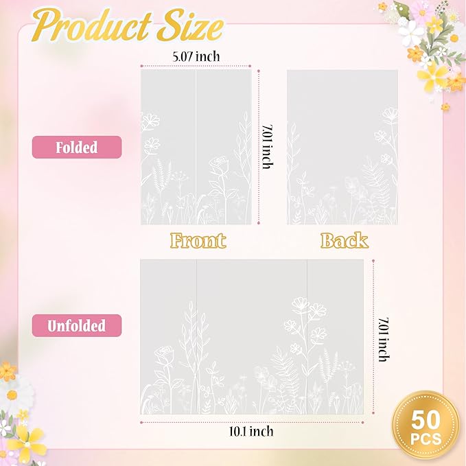 HAUTOCO 100 Pack Vellum Jackets for 5x7 Invitations, Pre-Folded Translucent 135GSM Vellum Paper Wraps, White Flower Envelope Liners Wedding Invitations Accessories